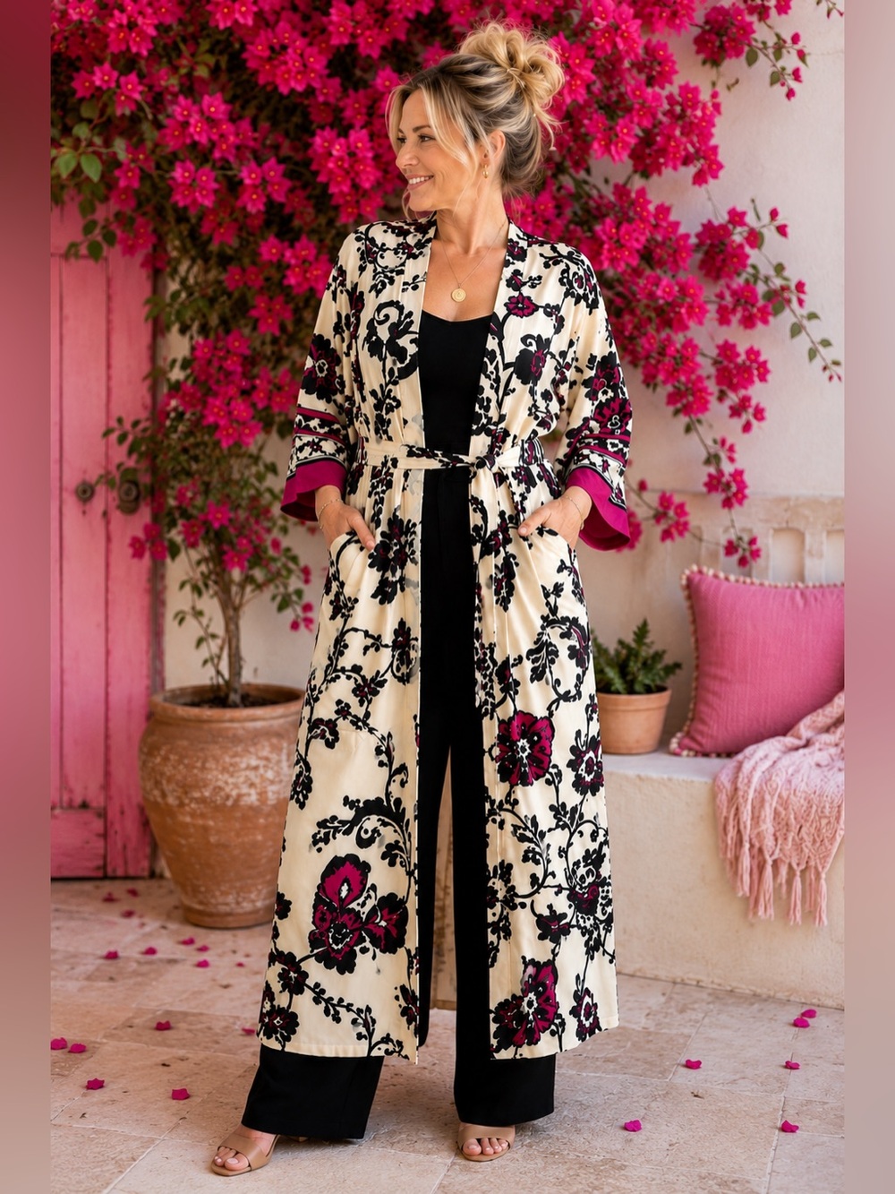 Elaine Rose Kimono Duster Jacket Med | Belted Lined Floral Scroll Print Pockets